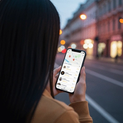 Person using a smartphone to search for local businesses, with a map and business listings on the screen.