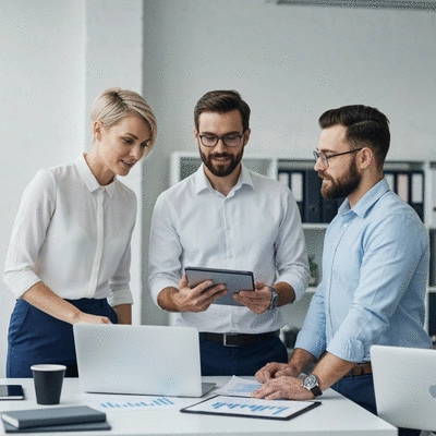Team of marketing professionals collaborating on a digital marketing strategy in a modern office