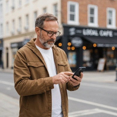 Person using a smartphone to search for local businesses, with a blurred city background