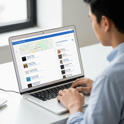 Person using a laptop to perform local keyword research, with search results showing local businesses and services, no text, no words, no typography, no labels, clean image