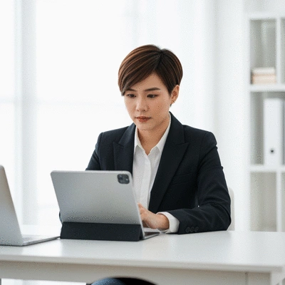 Small business owner using a tablet to manage online presence, no text, no words, no typography, 8K, clean image