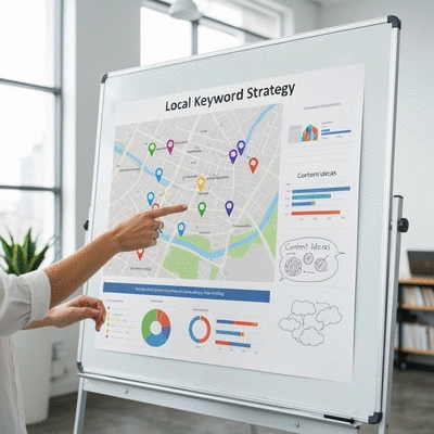Person planning local keyword strategy on a whiteboard with city map and pins