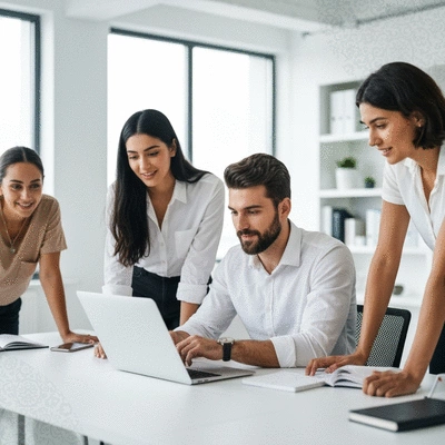 Diverse group of young Turkish professionals collaborating on a digital marketing project, with traditional Turkish patterns subtly in the background