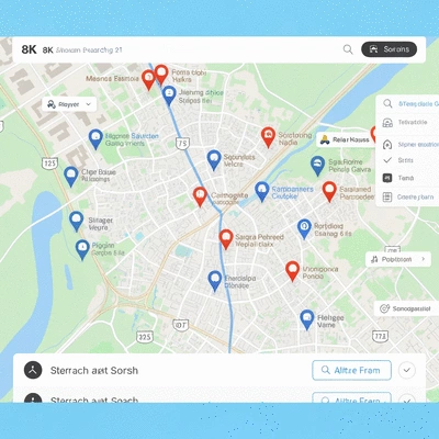 Modern map showing local businesses and search results, no text, no words, no typography, 8K, clean image