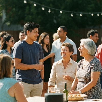 Expat business owner actively participating in a local community event, smiling and engaging with people