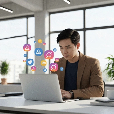 Digital marketing professional planning content distribution on social media