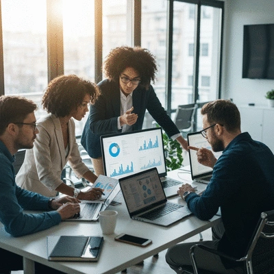 Digital marketing professionals collaborating on a strategy in a modern office in Turkey, with laptops and charts on screen