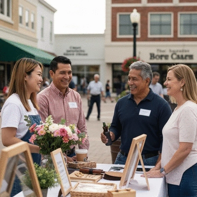 Image showing a diverse group of local business owners connecting at a community event, with a subtle branding element, no text, no words, no typography, 8K, clean image