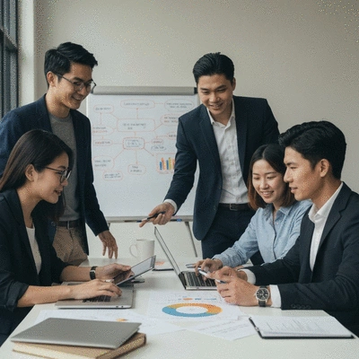 Diverse team collaborating on digital marketing strategy