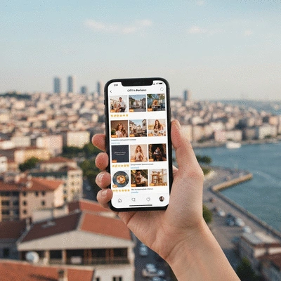 Hand holding a smartphone displaying positive online reviews with a blurred cityscape of Turkey in the background, symbolizing local SEO