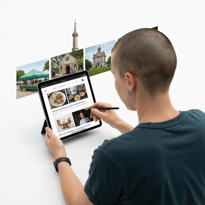 Person creating high-quality, engaging content for a local audience on a tablet, with relevant local imagery in the background, no text, no words, no typography, no labels, clean image