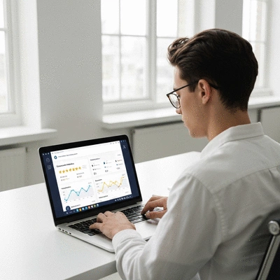 Person using review management software on a laptop, showing customer feedback and analytics