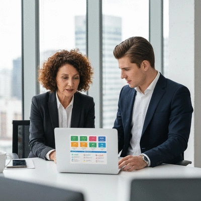Two business professionals reviewing SEO data on a laptop, collaborating.