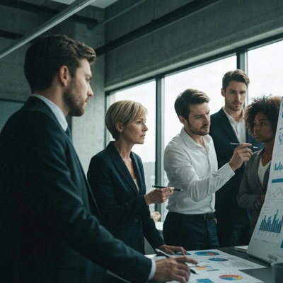 Team collaborating on ethical review practices, analyzing data on a board